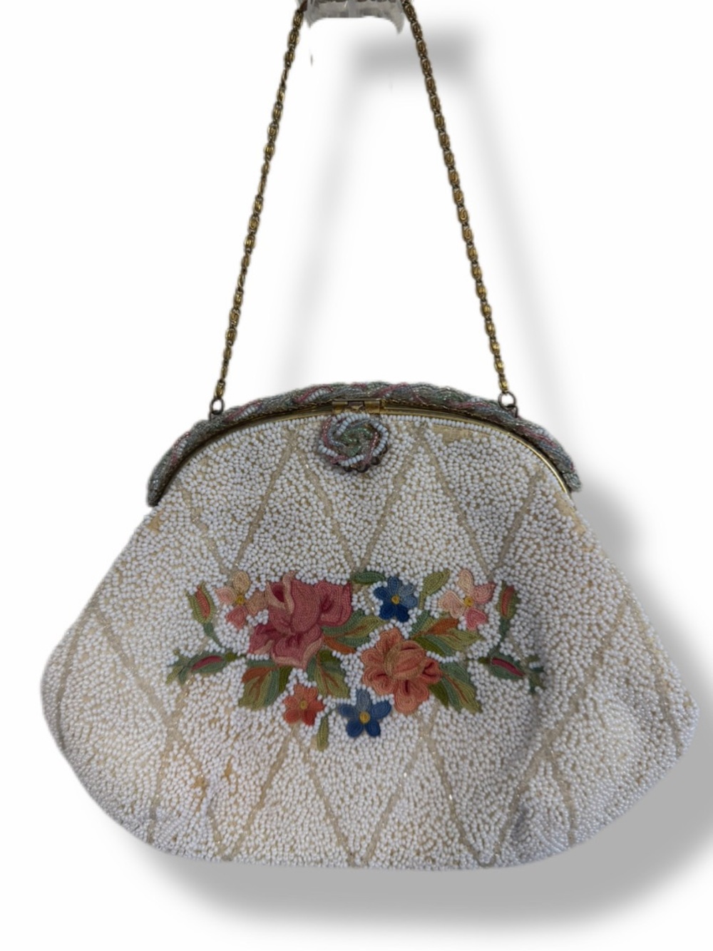 Vintage 1940s 50s Made in France Beaded Floral Evening Bag Purse